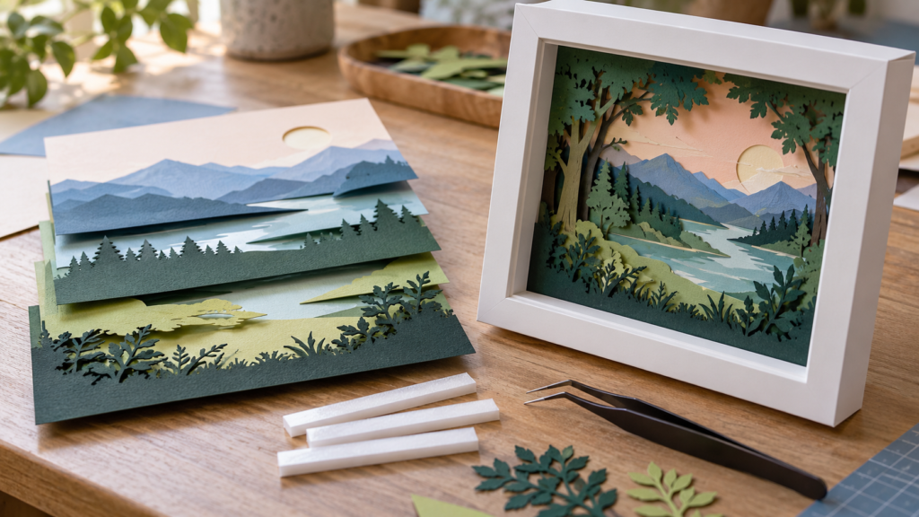 Colored paper layers and spacers arranged beside a shadow box frame