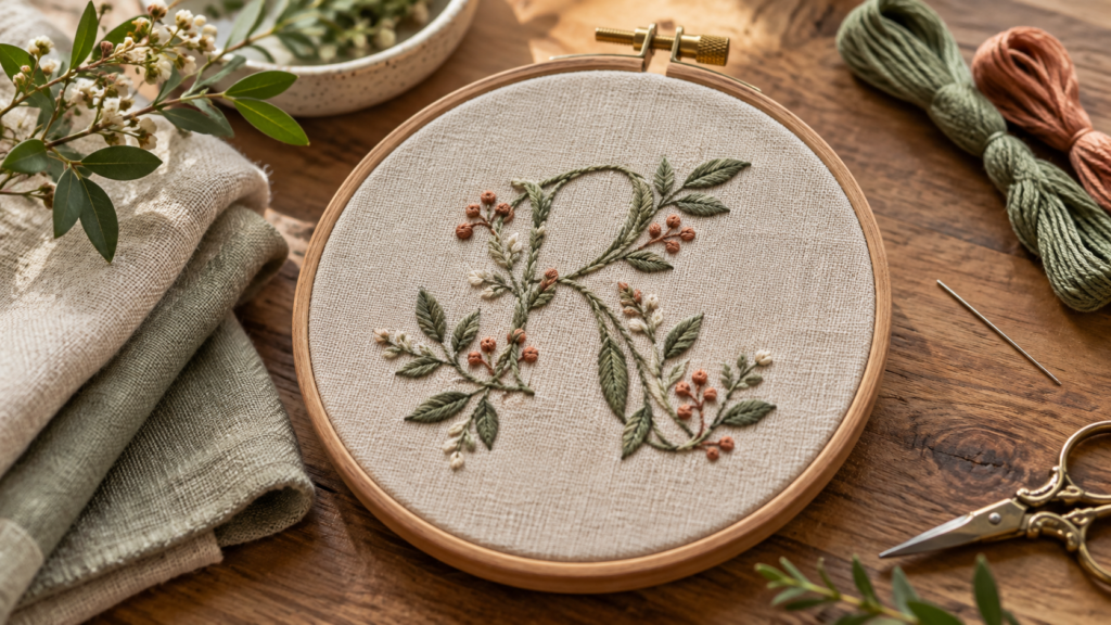 Hand-stitched botanical monogram in a wooden embroidery hoop