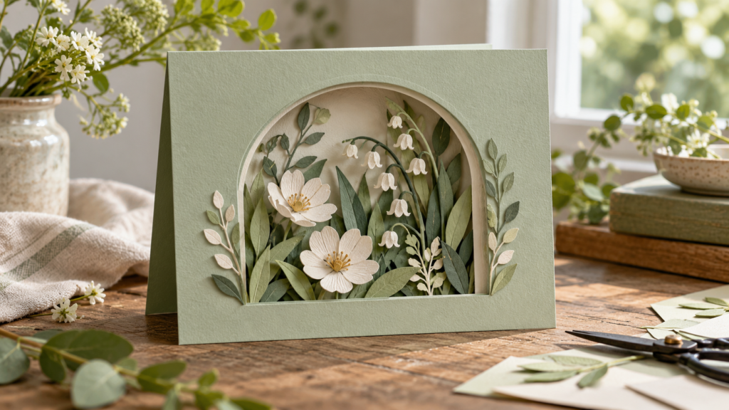 Handmade layered paper botanical card with an arched window cutout