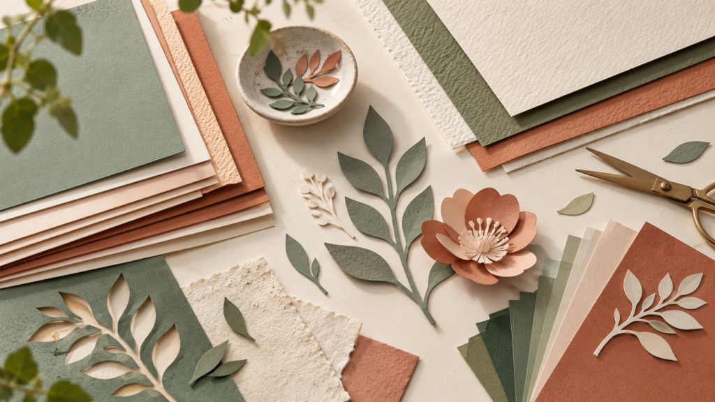 Layered cardstock samples and cut paper details