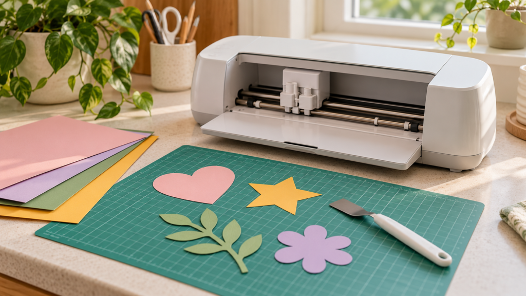 Paper and cardstock positioned on a generic craft cutting mat