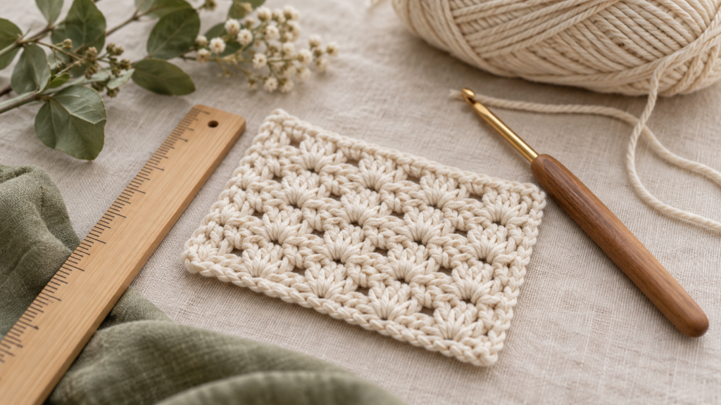Crochet swatch, yarn and hook beside a ruler