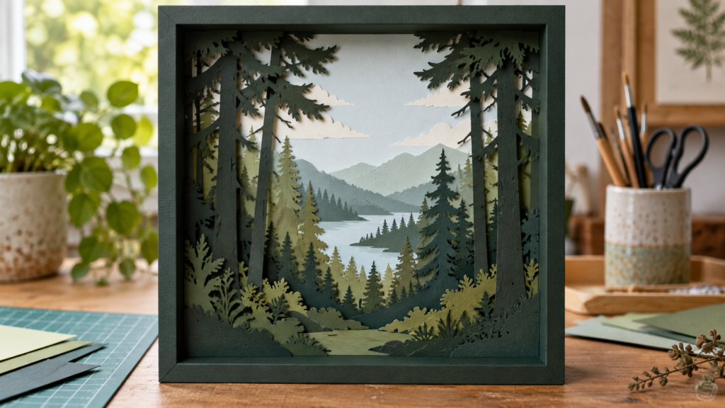 Layered cardstock forest scene framed by a foreground paper window