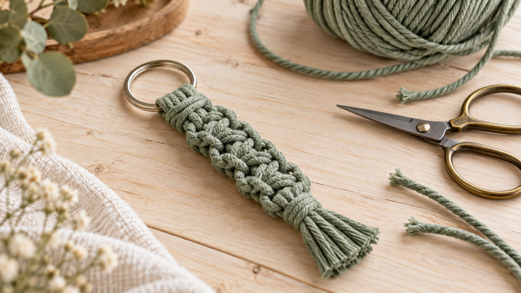 Macramé key fob made with a square knot and attached to a metal ring