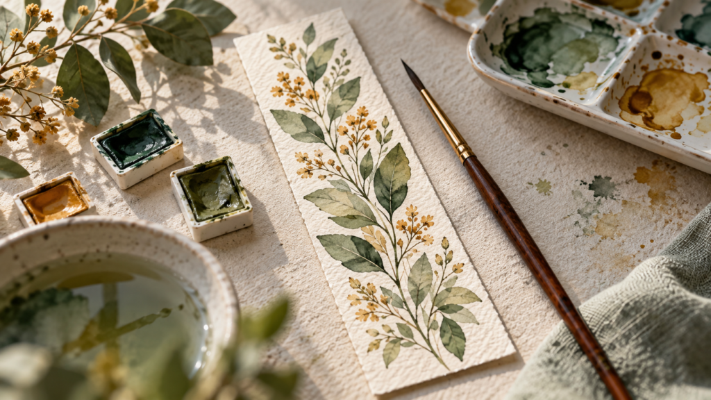 Watercolor botanical bookmark with brush and paints