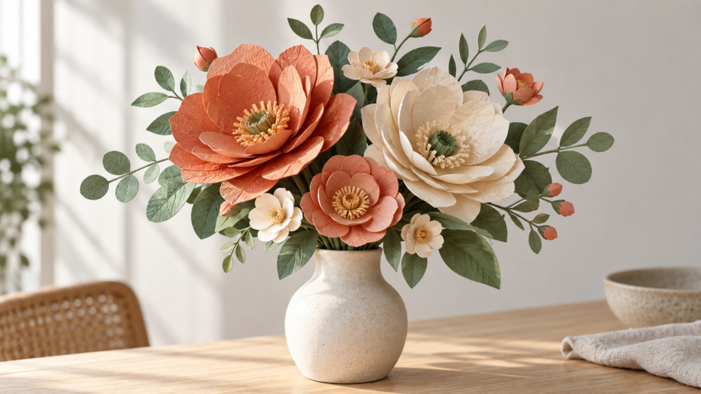 Balanced arrangement of handmade paper flowers in a ceramic vase