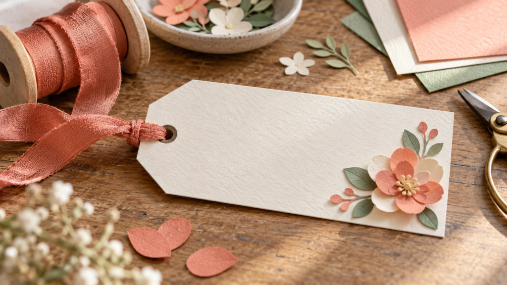 Cardstock gift tag with a small layered paper flower and ribbon