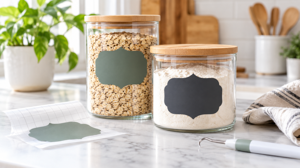 Two clear storage jars with simple blank vinyl labels