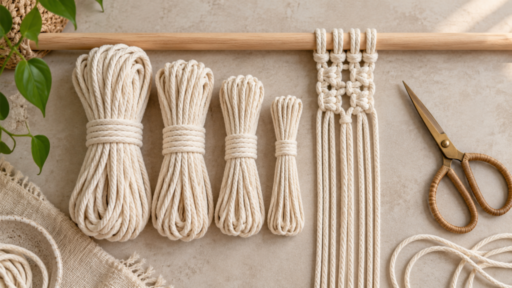 Macramé cord lengths arranged beneath a wooden dowel
