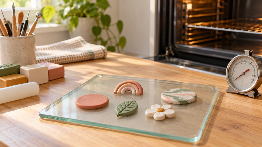 Small polymer clay shapes prepared on a dedicated baking surface