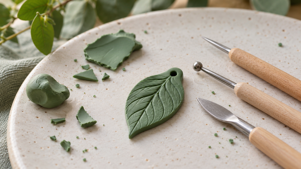 Handmade polymer clay leaf pendant with a small sculpting tool