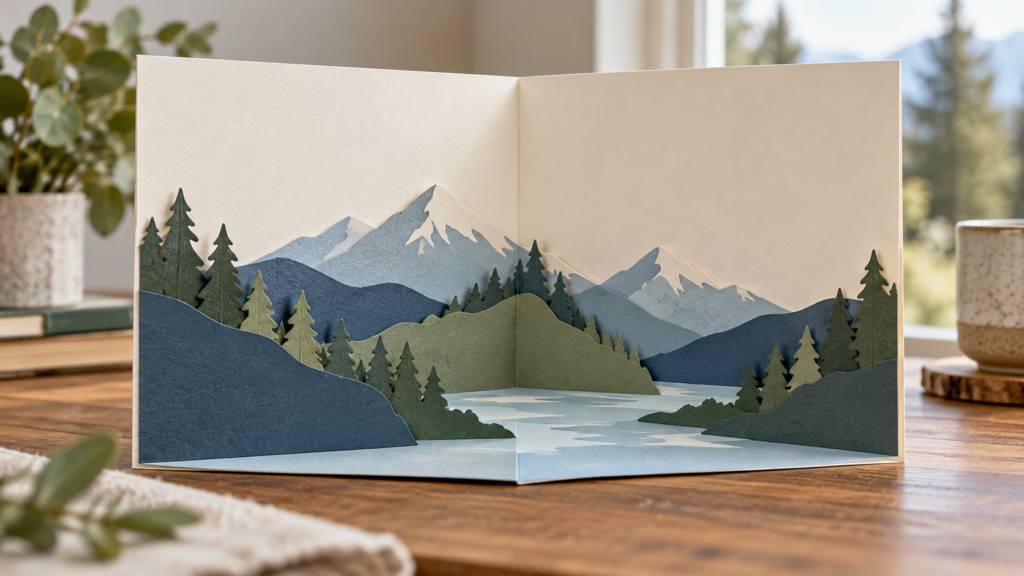 Layered paper mountain panels inside a folded greeting card