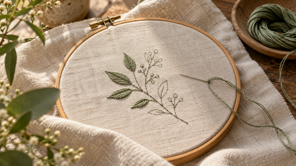 Embroidery fabric held taut in a wooden hoop