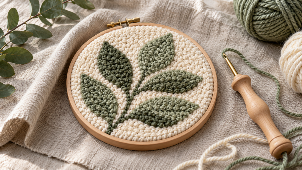 Punch needle embroidery of a simple botanical leaf in a small hoop