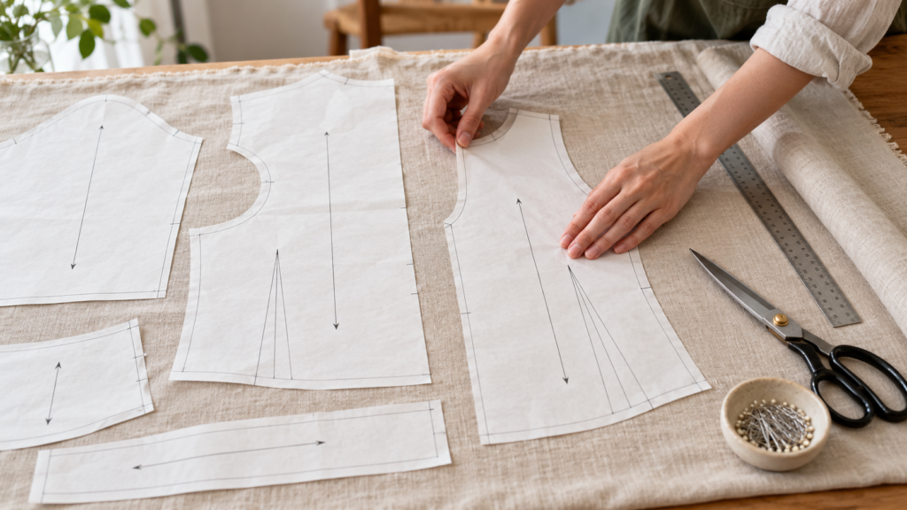 Sewing pattern pieces arranged on woven fabric before cutting