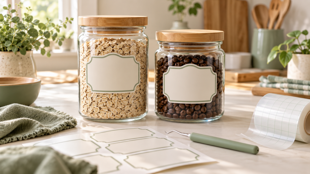 Clear pantry jars with removable blank labels beside vinyl crafting tools
