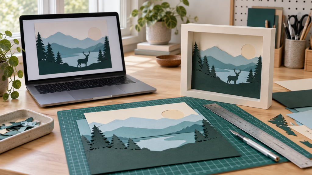 Layered paper artwork and frame measurements prepared for resizing