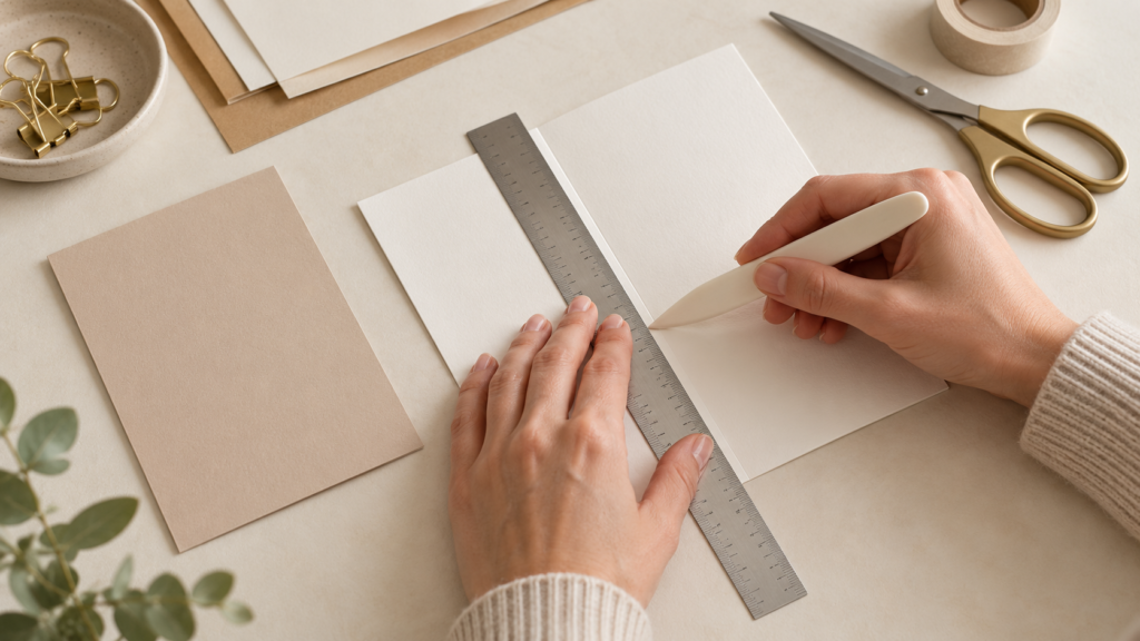 Cardstock being scored along a straight fold line