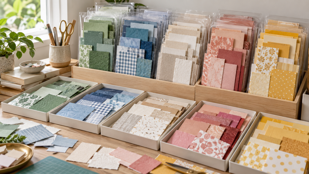 Colorful paper scraps organized in labeled blank sleeves