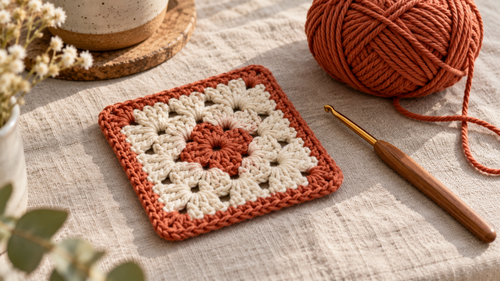 Hand-crocheted square cotton coaster beside a crochet hook and yarn